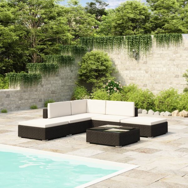 Set Divani da Giardino 6 pz con Cuscini in Polyrattan Nero/Crema