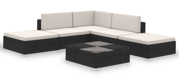 Set Divani da Giardino 6 pz con Cuscini in Polyrattan Nero/Crema