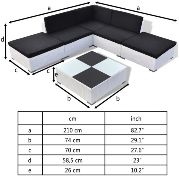 Set Divani da Giardino 6 pz con Cuscini in Polyrattan Bianco/Nero