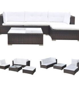 Set Divani da Giardino 5 pz con Cuscini in Polyrattan Marrone