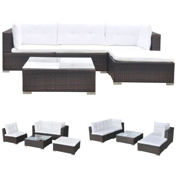 Set Divani da Giardino 5 pz con Cuscini in Polyrattan Marrone